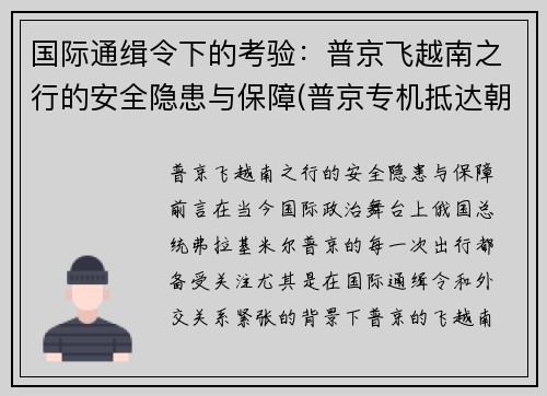 国际通缉令下的考验：普京飞越南之行的安全隐患与保障(普京专机抵达朝鲜视频)