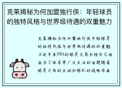 克莱揭秘为何加盟独行侠：年轻球员的独特风格与世界级待遇的双重魅力